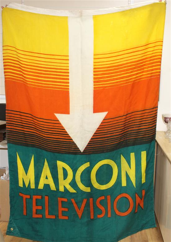 A rare early 20th century Marconi Television banner, brightly coloured, height approx. 204cm width approx. 130cm